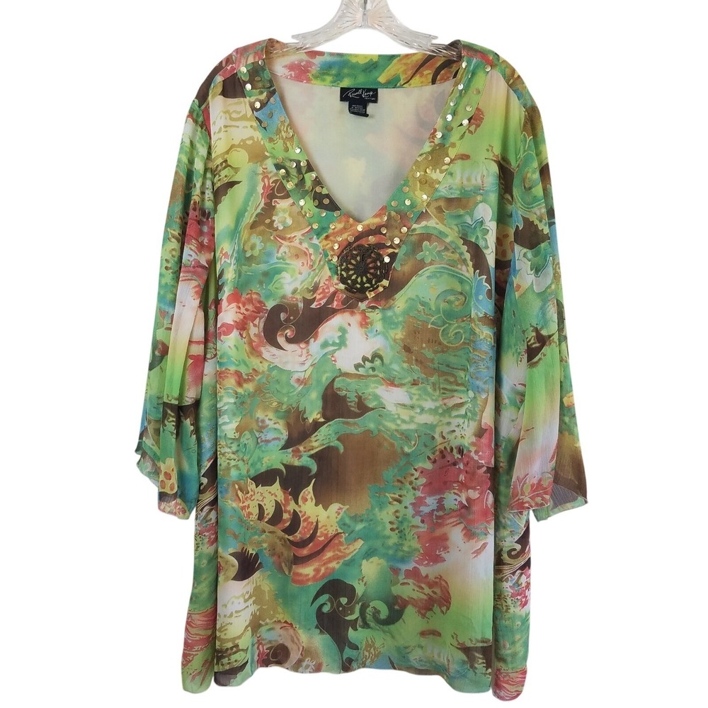 Russell Kemp Green Sequin Medallion Chiffon Tunic Top 3X Boho Chic Resortwear